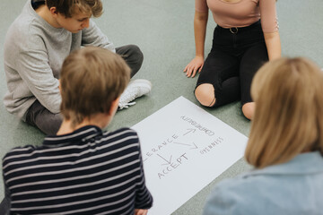 Teenagers sit in a circle on the floor and prepare a project for math classes together