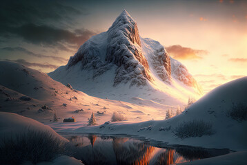 Beautiful sunset winter snowy mountain and lake  landscape, Travel postcard,2023 - obrazy, fototapety, plakaty