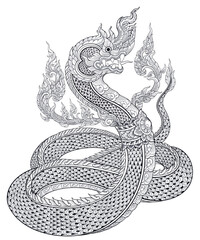 Naga of Doodle in Thai Art Style with Hand-Drawn Line Art in the Religions of Buddhism and Hinduism - obrazy, fototapety, plakaty