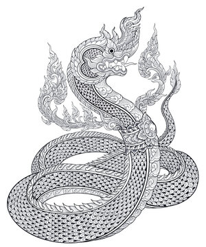 Naga of Doodle in Thai Art Style with Hand-Drawn Line Art in the Religions of Buddhism and Hinduism