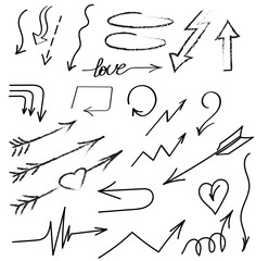 Doodle vector arrows and design elements. Hand drawn set of icons, frames, borders, arrows in cartoon style. Elements for infographics.