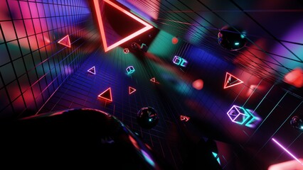 3d abstract neon background, geometric background with polygonal structure, cyber space virtual reality, colored neon lights, sci-fi style