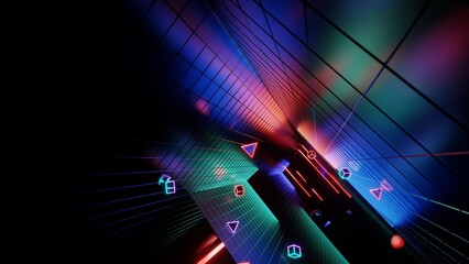 3d abstract neon background, geometric background with polygonal structure, cyber space virtual reality, colored neon lights, sci-fi style