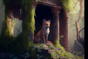 Fox in ancient ruins
