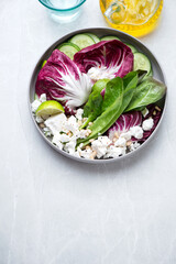 Plate with romaine, radicchio and goat cheese salad, high angle view on a light-grey granite background, vertical shot with copy space