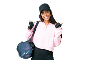 Young sport African American woman with sport bag over isolated chroma key background with thumbs up gesture and smiling