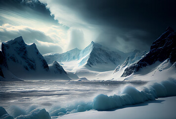 Antarctica mountains, snow, frozen lake