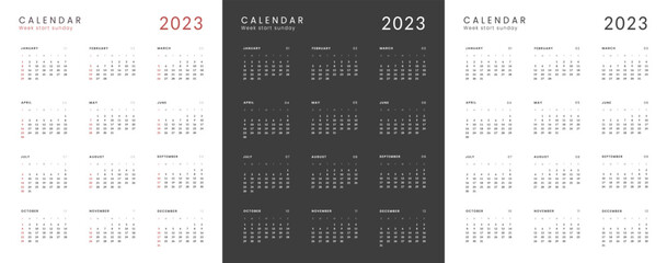2023 Annual Calendar template. Vector layout of a wall or desk simple calendar with week start Sunday. Calendar design in black and white colors, holidays in red colors.