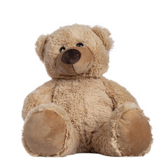 Cute new light brown toy teddy bear sitting facing front. Isolated cutout on transparent background. © Nynke