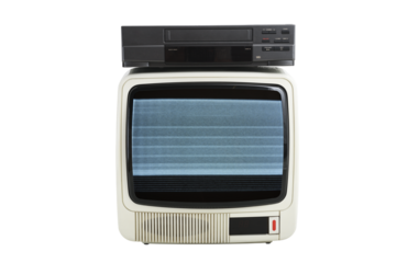 Old white vintage TV with screen noise and VCR from 1980s, 1990s, 2000s isolated on white background.