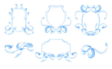 Collection of watercolor holiday ribbons and bows. Ribbon frames. Pink and blue ribbons for postcards, wedding invitations. Decor for a children's holiday. Pink and blue frames