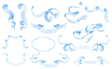 Collection of watercolor holiday ribbons and bows. Ribbon frames. Pink and blue ribbons for postcards, wedding invitations. Decor for a children's holiday. Pink and blue frames