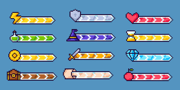 Pixel game progress bars. Vector GUI progress bar elements for build 2D games. Gaming experience infographic, 8-bit indicators of health, stamina, money, energy, weapon, protection, magic.