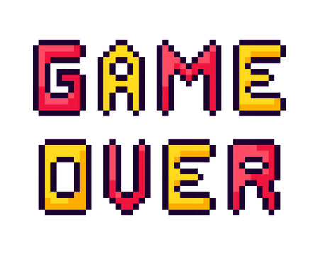 Pixel banner the phrase "Game Over". Pixel playing, Game Over screen, try again. Vector illustration.