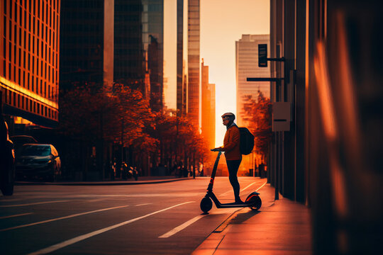 Junger Mann fährt mit einem E-Scooter im Sonnenuntergang durch die Stadt - Generative Ai 