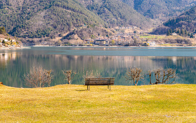 Ledro Lake in Ledro valley. Spring landscape. Trento province, Trentino Alto-Adige, Italy, Europe