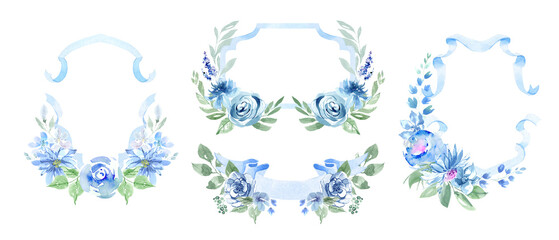 Frames and borders from ribbons and flowers. Festive frames for children's party, wedding cards and invitations. Blue ribbons and flowers. Pink ribbons and flowers. Monogram, watercolor clipart