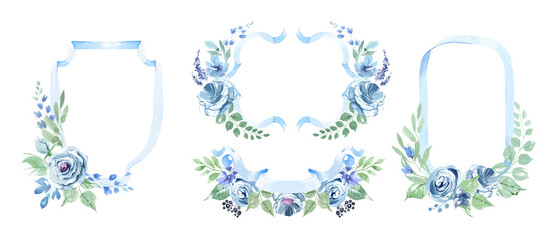 Frames and borders from ribbons and flowers. Festive frames for children's party, wedding cards and invitations. Blue ribbons and flowers. Pink ribbons and flowers. Monogram, watercolor clipart