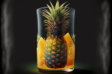Pineapple juice glass. Juice splashes. Refreshig fruits concept. Liquid fruits. Generative AI.