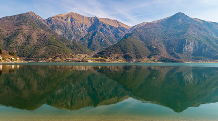 Naklejka premium Ledro Lake in Ledro valley. Spring landscape. Trento province, Trentino Alto-Adige, Italy, Europe