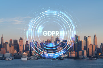 New York City skyline from New Jersey over Hudson River, Midtown Manhattan skyscrapers at sunset, USA. GDPR hologram, concept of data protection, regulation and privacy for all individuals