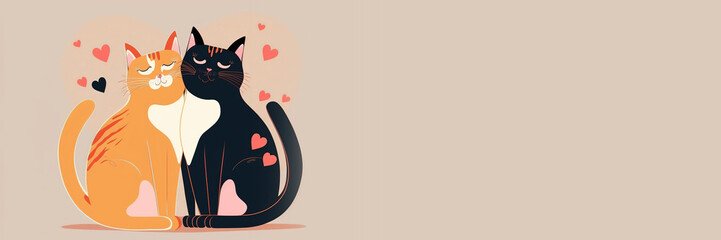 Flat design valentine's day cats couple Banner, Valentine's Day Card, Copy Space, Template, Romantic, 14 February