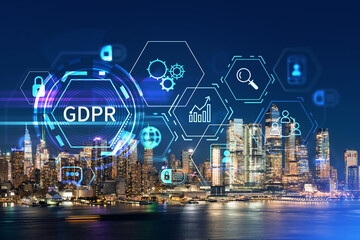 New York City skyline from New Jersey over the Hudson River with Hudson Yards at night. Manhattan, Midtown. GDPR hologram, concept of data protection, regulation and privacy for all individuals