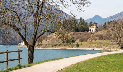 Ledro Lake in Ledro valley. Spring landscape. Trento province, Trentino Alto-Adige, Italy, Europe.