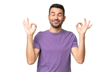 Young handsome caucasian man over isolated background in zen pose