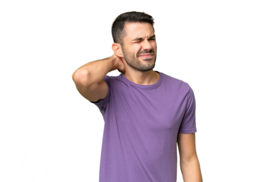 Young handsome caucasian man over isolated background with neckache