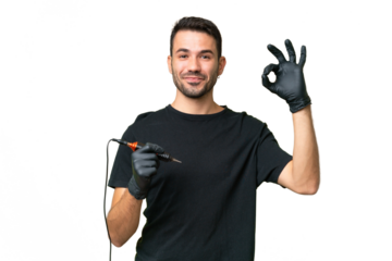 Tattoo artist caucasian man over isolated background showing ok sign with fingers