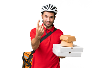 Young handsome caucasian man with thermal backpack and holding takeaway food over isolated background doing coming gesture