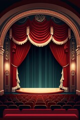cartoon illustration, theater with red curtains ,generative AI