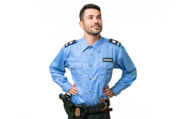 Young police caucasian man over isolated background posing with arms at hip and smiling