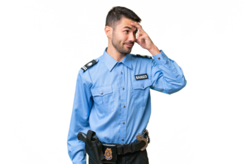 Young police caucasian man over isolated background laughing