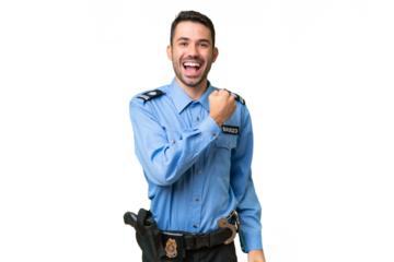 Young police caucasian man over isolated background celebrating a victory