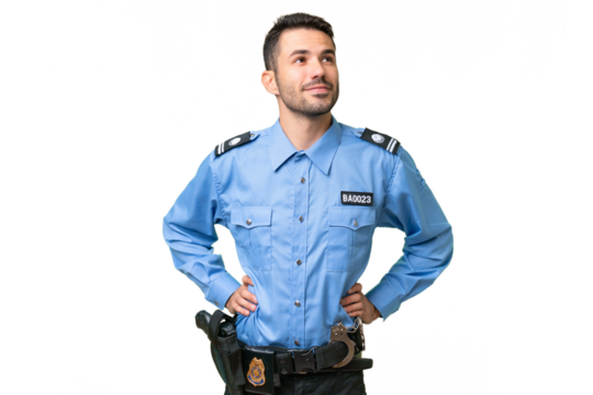 Young police caucasian man over isolated background posing with arms at hip and smiling