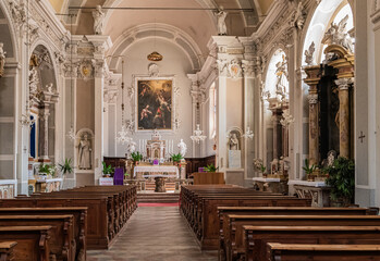 Fototapeta na wymiar interior of the Church of the Annunciation (XIII century): is located in the center of the hamlet of Pieve di Ledro, Ledro Valley,Trento province, Trentino Alto Adige, northern Italy, Europe,
