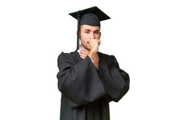 Young university graduate man over isolated background is suffering with cough and feeling bad