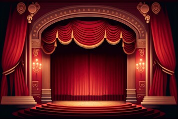 cartoon illustration, theater with red curtains ,generative AI