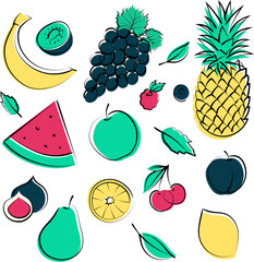 Icons set of colourful fruits and berries. Vector illustration. 