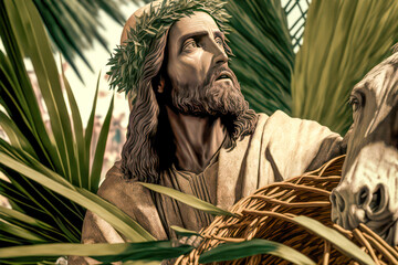 Palmsonntag Jesus der Messias Prozession durch Jerusalem Digital Art Abstrakte Illustration Generative AI Hintergrund Background Cover - obrazy, fototapety, plakaty