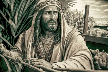 Obraz premium Palmsonntag Jesus der Messias Prozession durch Jerusalem Digital Art Abstrakte Illustration Generative AI Hintergrund Background Cover