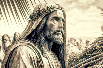 Palmsonntag Jesus der Messias Prozession durch Jerusalem Digital Art Abstrakte Illustration Generative AI Hintergrund Background Cover - obrazy, fototapety, plakaty