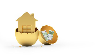 Golden house in a broken eggshell with euro banknotes. 3D illustration