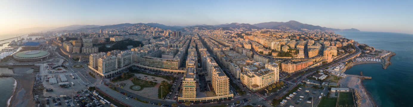 genoa foce district aerial view panorama huge landscape of expo and kennedy place and buildings