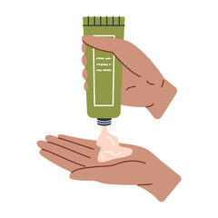 Womans dark skin hand squeezing cream from a green tube onto a palm. Vector skincare illustration. Black girl using hand cream. Daily cosmetic.