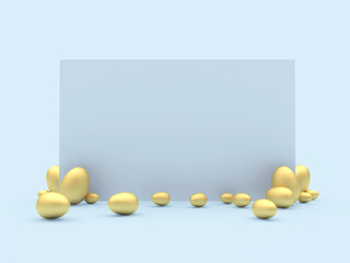 Easter or business banner with space for text and golden eggs on a blue pastel background. 3d illustration