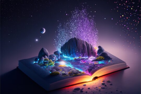 Opened magic fantasy book with magical flying butterflies above upwards. Generative Ai.