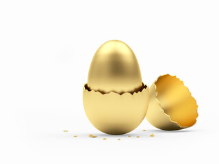A golden egg in a broken eggshell. 3D illustration